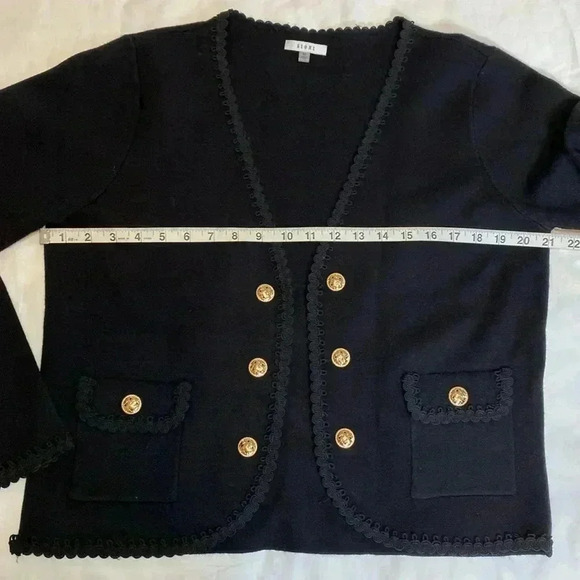 Sioni Black Open Front Cardigan Sweater with Gold Colored Buttons, Size Medium. - Picture 9 of 13